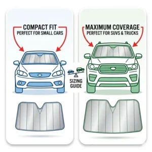 A vector diagram comparing different vehicle windshield sizes to help drivers pick the perfect fit for their personalized car sun shades.