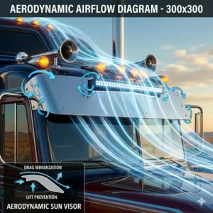 Aerodynamic simulation graphic illustrating wind airflow patterns moving smoothly over an exterior truck cab visor.