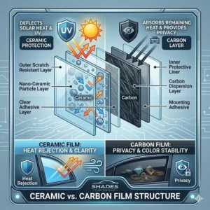 An instructional illustration showing the material layers of premium ceramic and carbon shades car tinting.