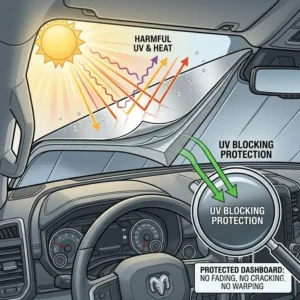 Visual demonstration of a ram 1500 windshield sun shade protecting the dashboard from UV damage and cracking.