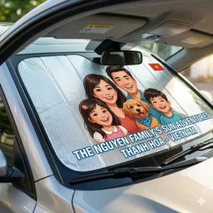 Illustration of a vehicle front windshield displaying a custom printed family and pet portrait on personalized car sun shades.