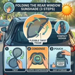 Illustrated guide showing a flexible rear window car sunshade twisting and folding into a compact storage pouch.