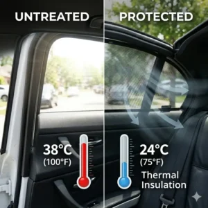 Before and after side by side comparison showing a drastic interior temperature drop using rear car shades.