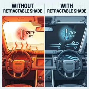 Side-by-side comparison showing a significant interior temperature drop when using a retractable vehicle sun shade.