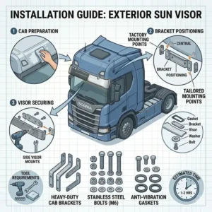 A step-by-step installation guide diagram displaying heavy-duty brackets and stainless steel hardware for mounting a lorry sun visor.