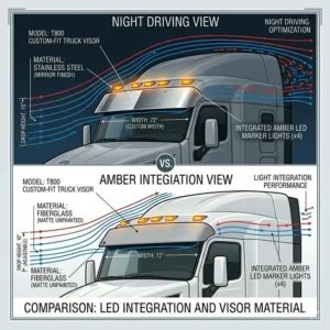 Nighttime view of an integrated LED marker light system on a custom truck visor.