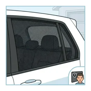 Exterior view showing the enhanced privacy provided by dark mesh car window screens for passengers inside.