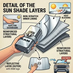 Close-up view of the multiple insulation layers used in a heavy-duty ram windshield sun shade.