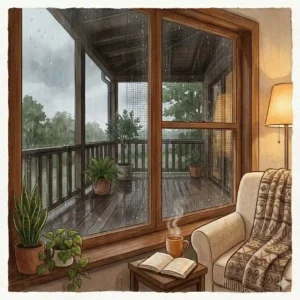 View from inside a screened porch looking through a window rain purch during a summer shower.