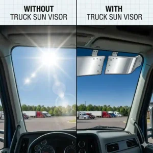 Split-screen illustration demonstrating the visibility improvement and sun glare reduction provided by a drop-style truck sun visor.