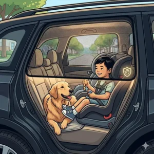 A child sleeping comfortably in a car seat shaded by protective car window screens on a bright day.