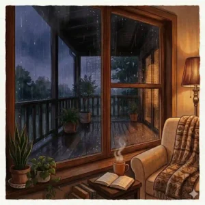 Warm interior lighting reflecting on a glass window rain purch scene during a rainy evening.