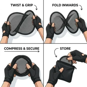Step by step graphic showing how to twist and fold flexible rear car shades into a small storage disc.