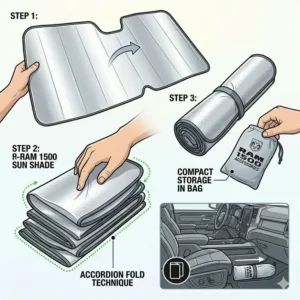 Guide on the compact accordion folding technique for easy storage of a ram 1500 windshield sun shade.