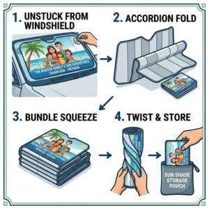 Step-by-step vector sequence illustration showing how to quickly twist and fold accordion-style personalized car sun shades into a compact storage pouch.