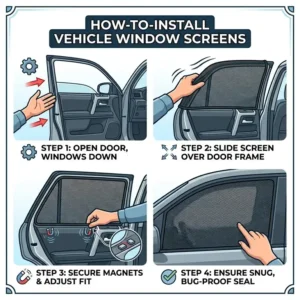 A step-by-step instructional guide showing how to install fabric mesh screens for vehicle windows over the door frame easily.