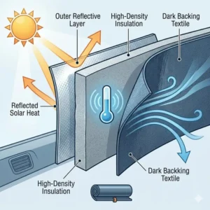 Cross-section illustration of the reflective multi-layer insulation material used in a high-quality retractable vehicle sun shade.
