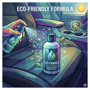A spray bottle displaying an eco-friendly car interior protector formula made from non-toxic ingredients.