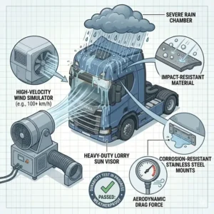 A diagram demonstrating the impact resistance and weatherproof durability of a heavy-duty lorry sun visor against rain and wind simulator testing.