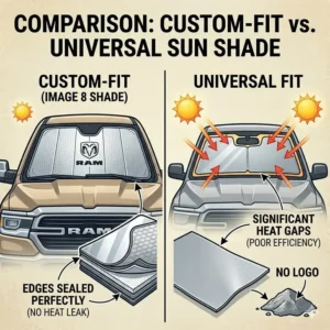 Comparison between the perfect fit of a custom ram windshield sun shade and a loose universal alternative.