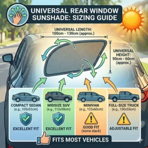 Universal sizing chart illustration matching the rear window car sunshade dimensions to various car types, SUVs, and trucks.