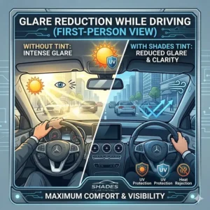 An illustration from the driver's seat demonstrating how shades car tinting reduces blinding sun glare on the road.