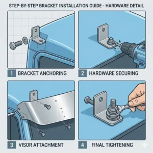Installation diagram detailing mounting bracket placement and bolt assembly for a heavy-duty truck cab visor.