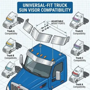 Graphic showing various truck brands compatible with aftermarket truck sun visor upgrades.