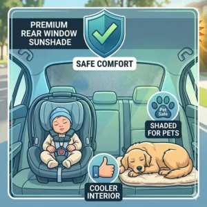 Illustration of a baby sleeping peacefully in a car seat shielded from sun glare by a premium rear window car sunshade.