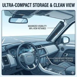 Interior view of a retracted vehicle sun shade neatly stored along the windshield frame without obstructing visibility.