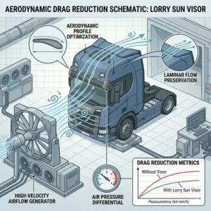 An aerodynamic airflow simulation showing how a well-designed lorry sun visor maintains wind efficiency and reduces drag on the truck cab.