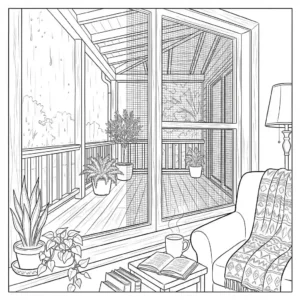 Clean black and white line drawing illustration of a cozy window rain purch layout.