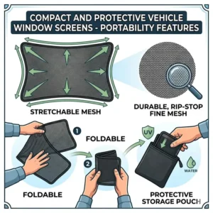 An educational graphic displaying the portability features and stretchable material of durable screens for vehicle windows.
