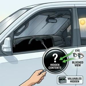 Illustration showing the privacy and security benefits of using a ram 1500 windshield sun shade to hide valuables.