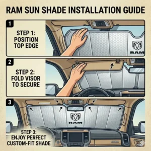 Step-by-step visual instructions on how to properly set up a ram windshield sun shade behind the visors.
