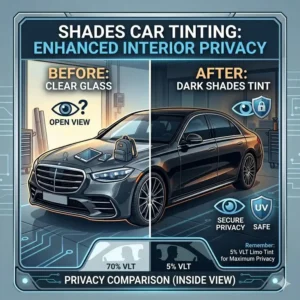 An illustration of a parked vehicle showing how darker shades car tinting conceals valuables left on the back seat.