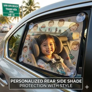Illustration of a child in the backseat protected by mesh personalized car sun shades attached via suction cups to the rear side windows.