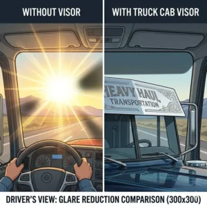 Split-screen driver view demonstrating sun glare reduction and improved visibility provided by a truck cab visor.