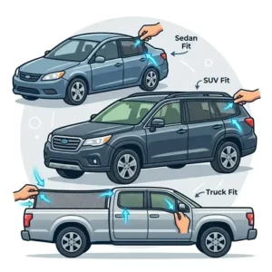 Illustration showing the stretchable material of universal car window screens fitting different vehicle models.