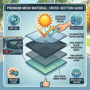 Close-up cross-section diagram of the high-density mesh fabric layers used in a premium rear window car sunshade.