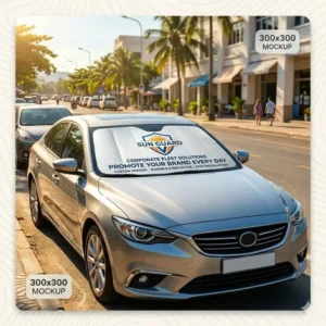 Graphic mockup of business fleet vehicles equipped with personalized car sun shades displaying a company brand logo for promotional marketing.