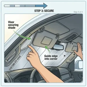 Step-by-step installation showing how to secure a ram 1500 windshield sun shade with vehicle visors