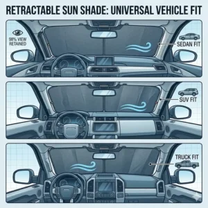 Illustration showing the adjustable universal fit of a retractable vehicle sun shade on sedans, SUVs, and trucks.