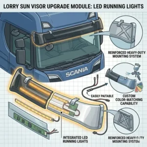 A product diagram of a customized lorry sun visor upgrade module featuring integrated amber LED running lights for enhanced visibility.