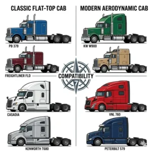 Vector illustration displaying various semi truck cab models to showcase compatible custom truck cab visor fits.