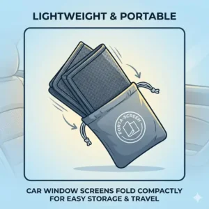 A pair of folded car window screens being placed into a small travel pouch for easy storage.