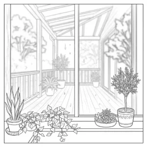 Lush green houseplants on a windowsill with a window rain purch view visible through the glass.