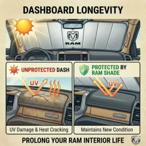 A well-maintained truck interior showing no sun damage thanks to the daily use of a ram windshield sun shade.