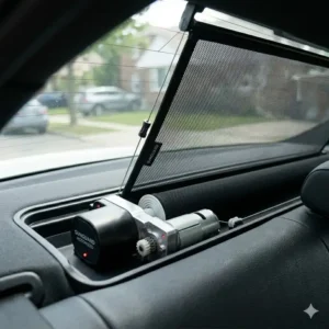 A motorized retractable sun visor mechanism designed specifically for rear car shades placement on rear windscreens.