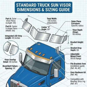 Illustration of standard truck sun visor measurements including drop length and total width for proper fitment.